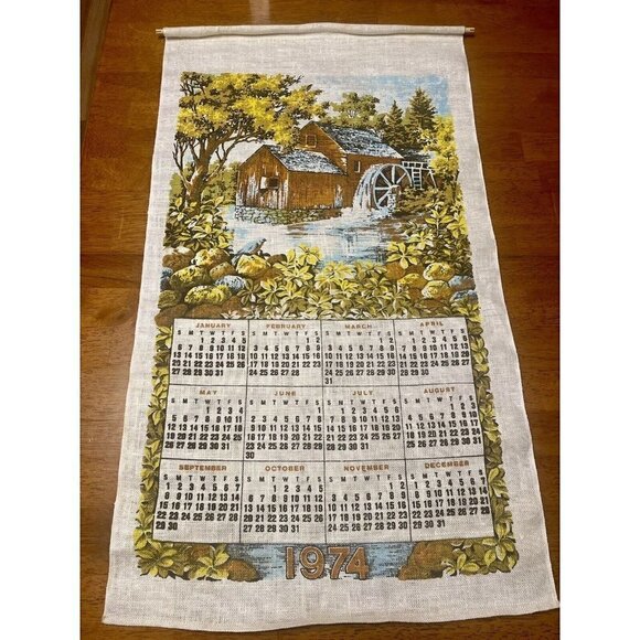 Vintage 1974 Old Country Mill Linen Wall Calendar Kitchen Tea Towel Art 29x17” - Picture 2 of 8